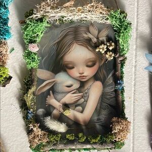 Enchanted Fairy and Rabbit Wall Art with Green Accents handcrafted border moss